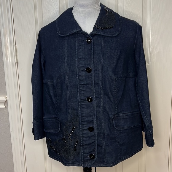 Lane Bryant Jackets & Blazers - Lane Bryant Dark Wash Blue Stretch Jean Jacket with Embroidery Size 14/16